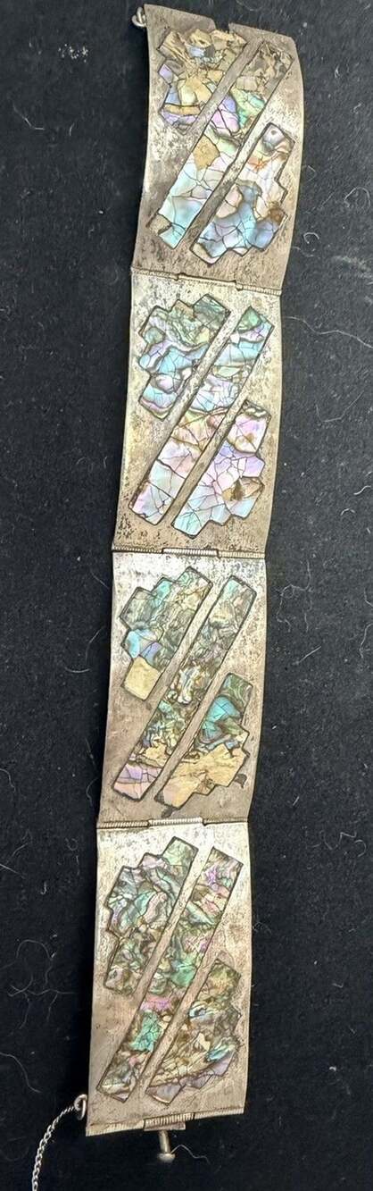 Vtg Taxco Mexican Sterling Silver Abalone Shell Inlay Panel Link Bracelet 925